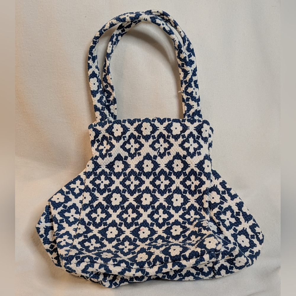 Spring Blue & White Bag Purse Flower Woven Cotton Fabric Lightweight and Cute